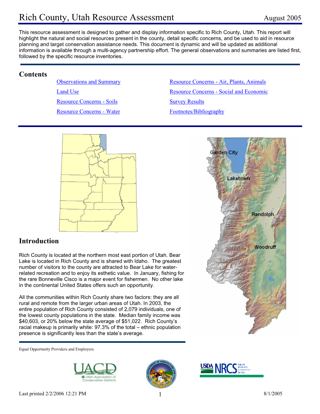 Rich County, Utah Resource Assessment August 2005