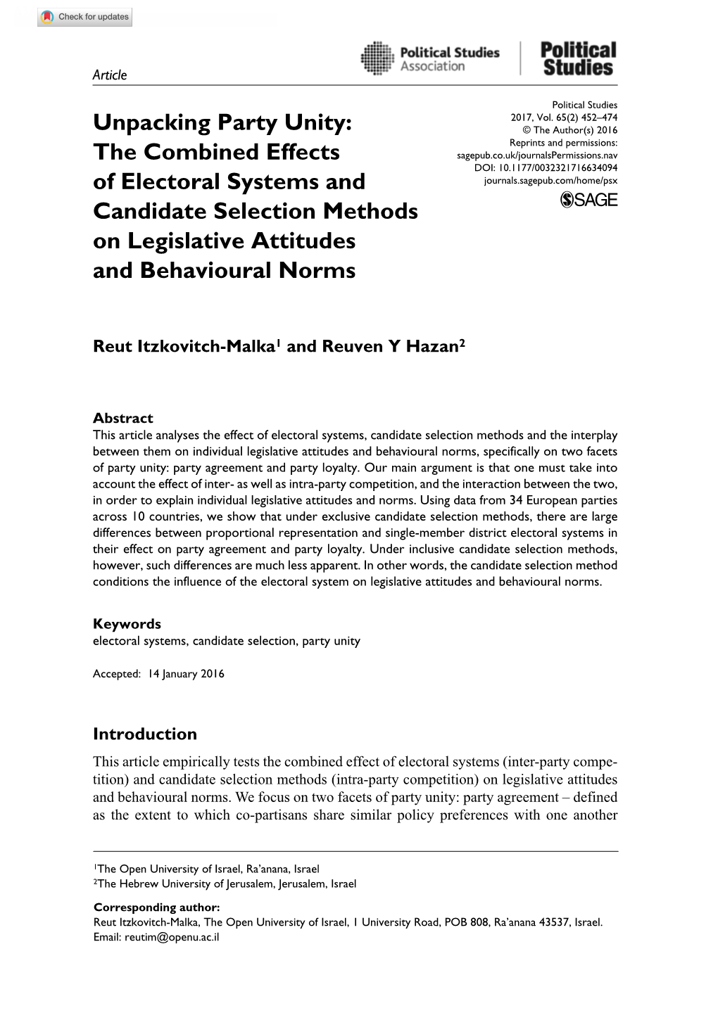 Unpacking Party Unity: the Combined Effects of Electoral Systems And