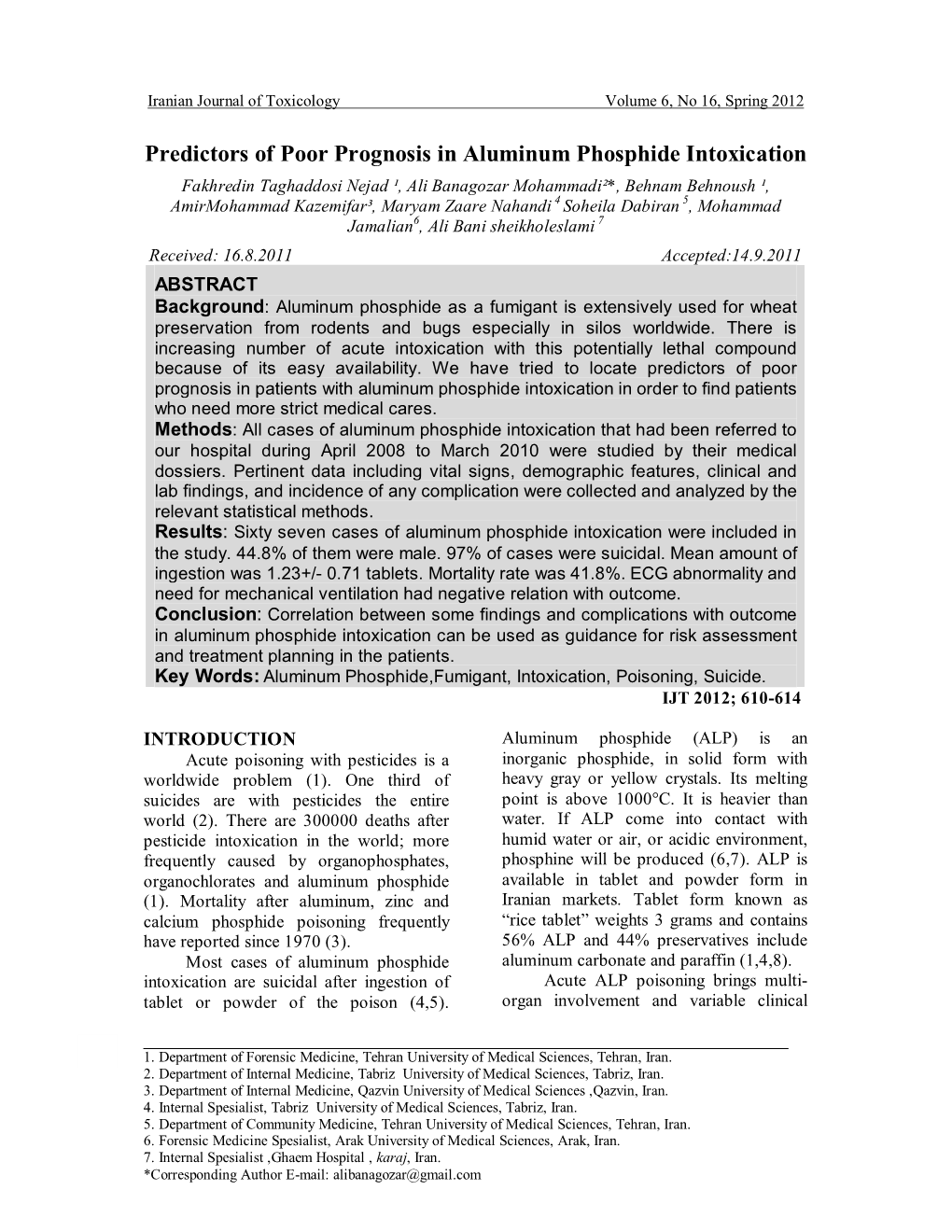 Predictors of Poor Prognosis in Aluminum Phosphide Intoxication