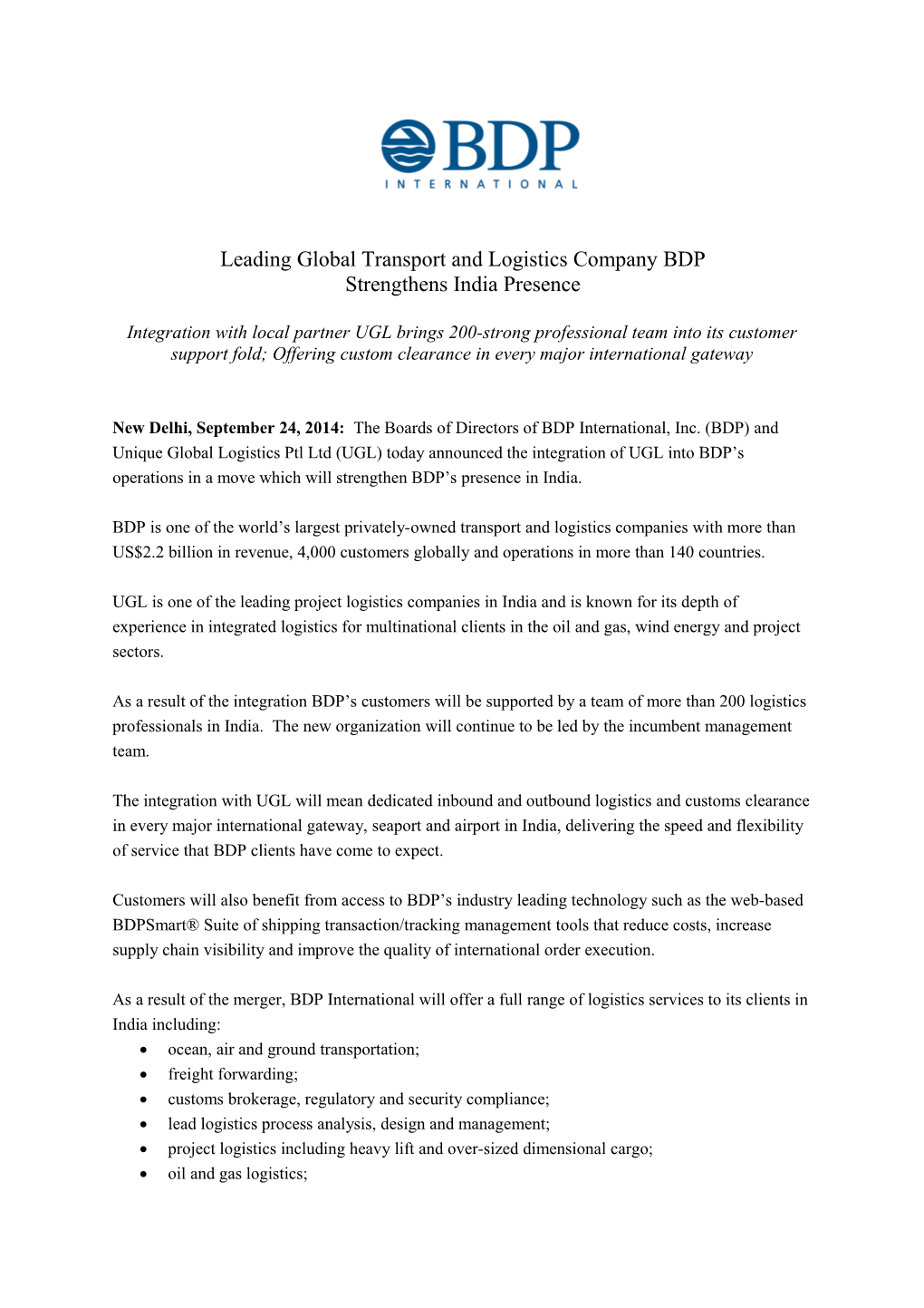 Leading Global Transport and Logistics Company BDP Strengthens India Presence