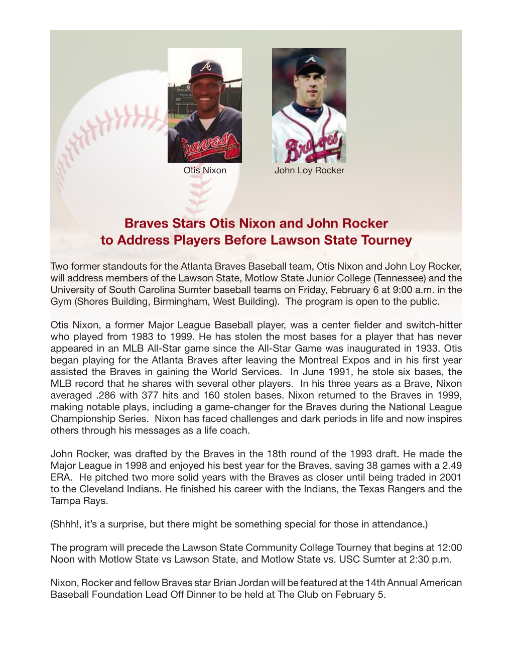 Braves Stars Otis Nixon and John Rocker to Address Players Before Lawson State Tourney