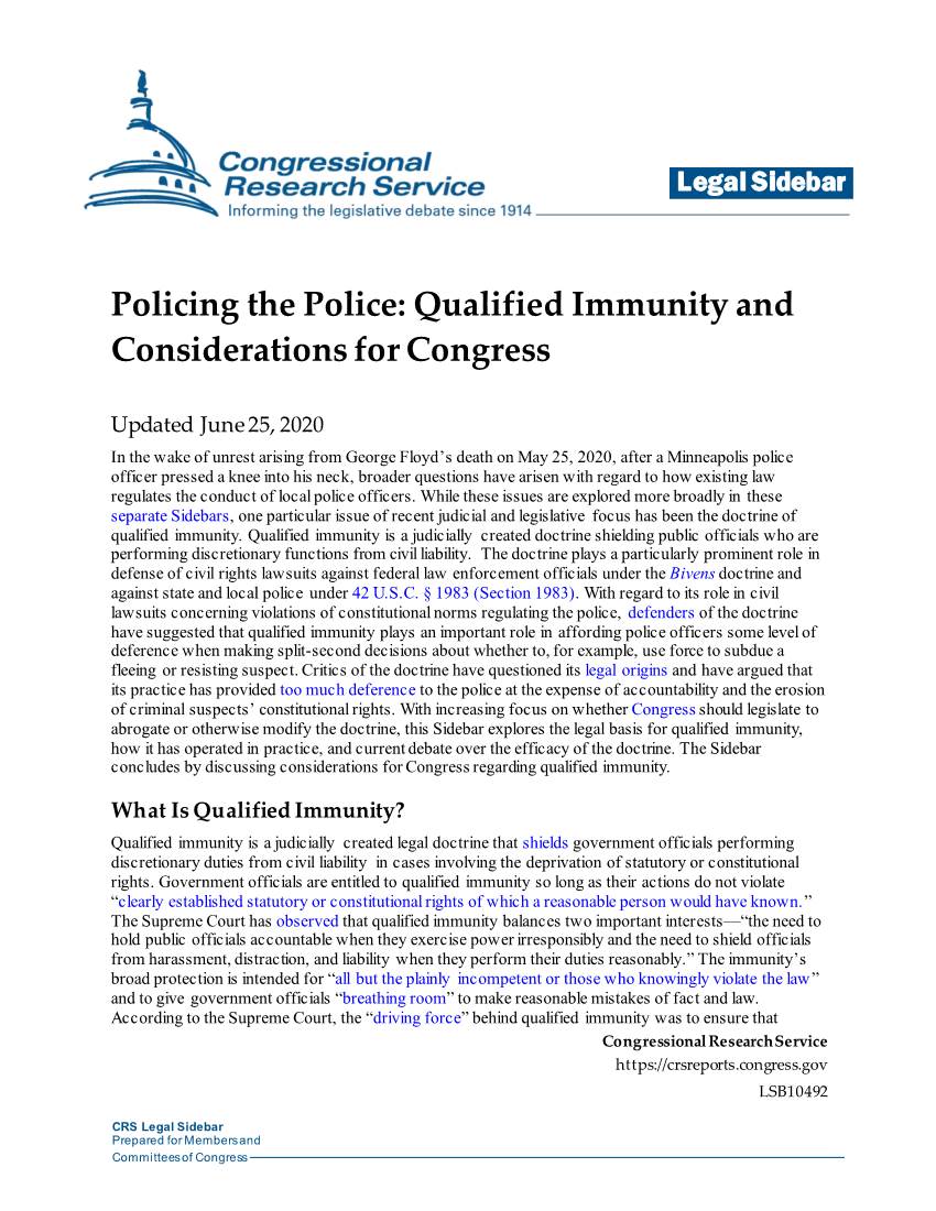 Qualified Immunity and Considerations for Congress