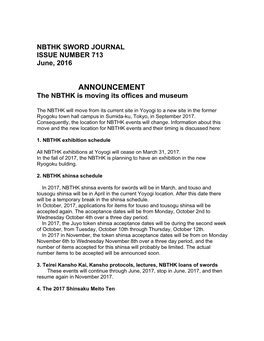 NBTHK SWORD JOURNAL ISSUE NUMBER 713 June, 2016