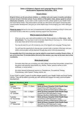 Dates of Children's Speech and Language Drop-In Clinics