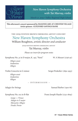 New Haven Symphony Orchestra with Tai Murray, Violin March 17, 2019 • Valley Regional High School