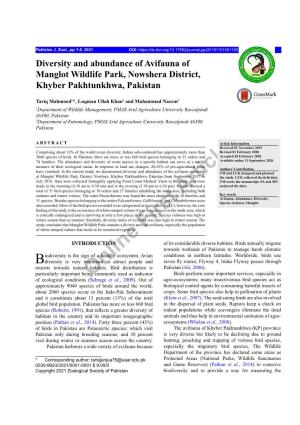 Online First Article Diversity and Abundance of Avifauna of Manglot Wildlife Park, Nowshera District, Khyber Pakhtunkhwa, Pakistan