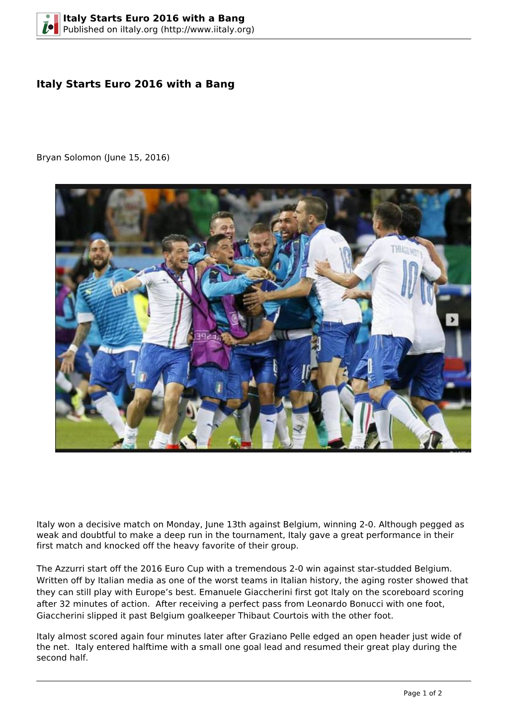 Italy Starts Euro 2016 with a Bang Published on Iitaly.Org (