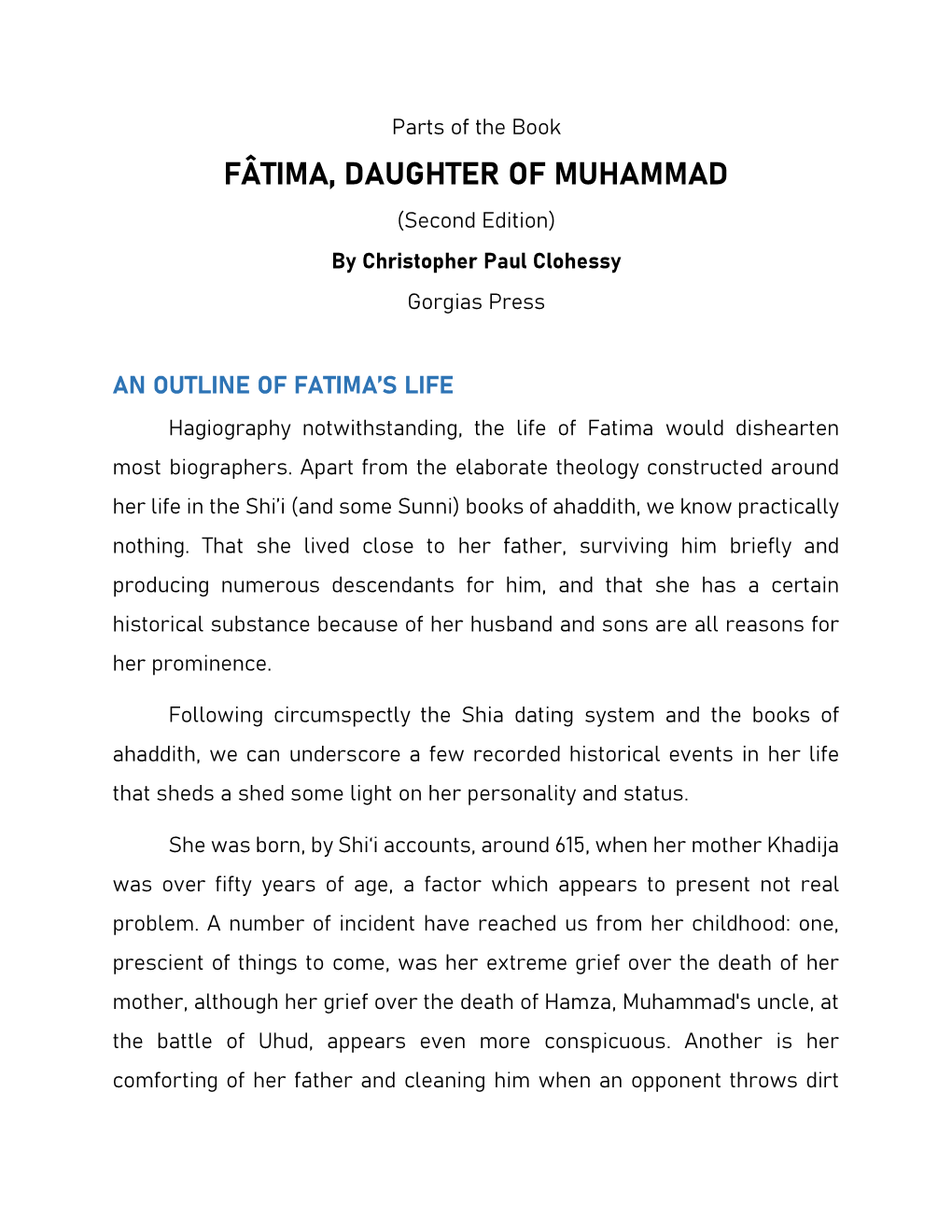 FÂTIMA, DAUGHTER of MUHAMMAD (Second Edition) by Christopher Paul Clohessy Gorgias Press