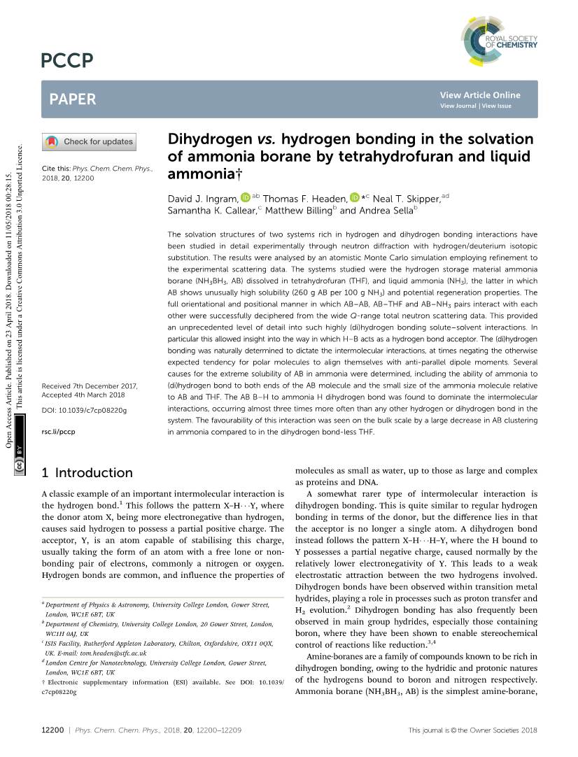 Dihydrogen Vs. Hydrogen Bonding in the Solvation of Ammonia Borane by Tetrahydrofuran and Liquid Cite This: Phys