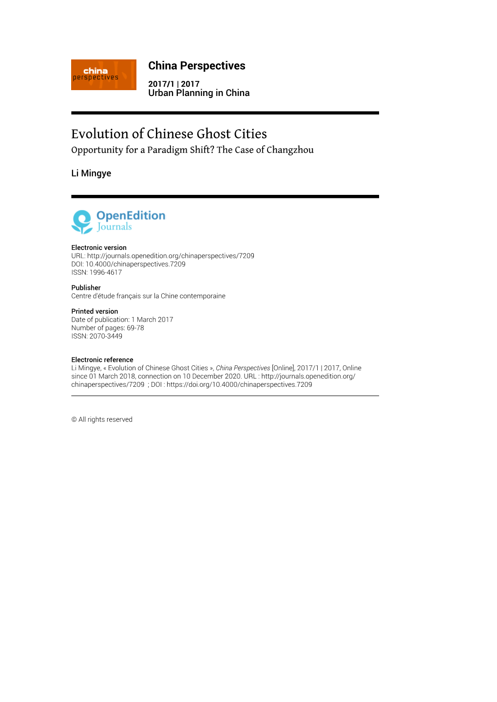 Evolution of Chinese Ghost Cities Opportunity for a Paradigm Shift? the Case of Changzhou