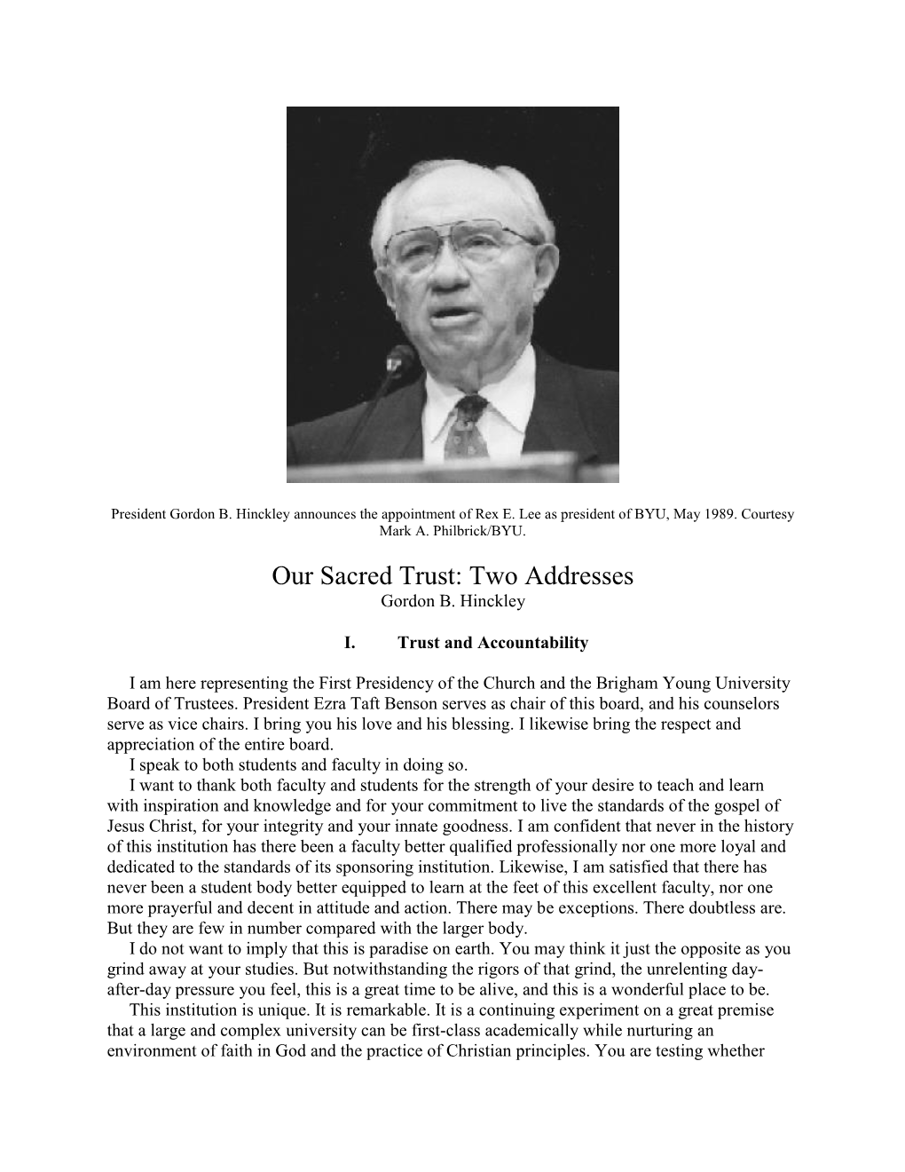 Our Sacred Trust: Two Addresses Gordon B