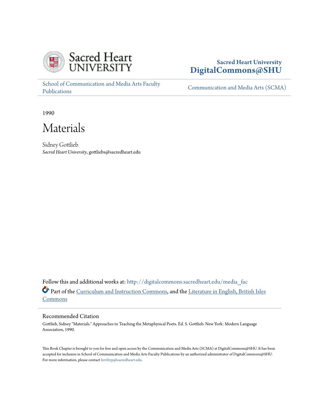Materials Sidney Gottlieb Sacred Heart University, Gottliebs@Sacredheart.Edu