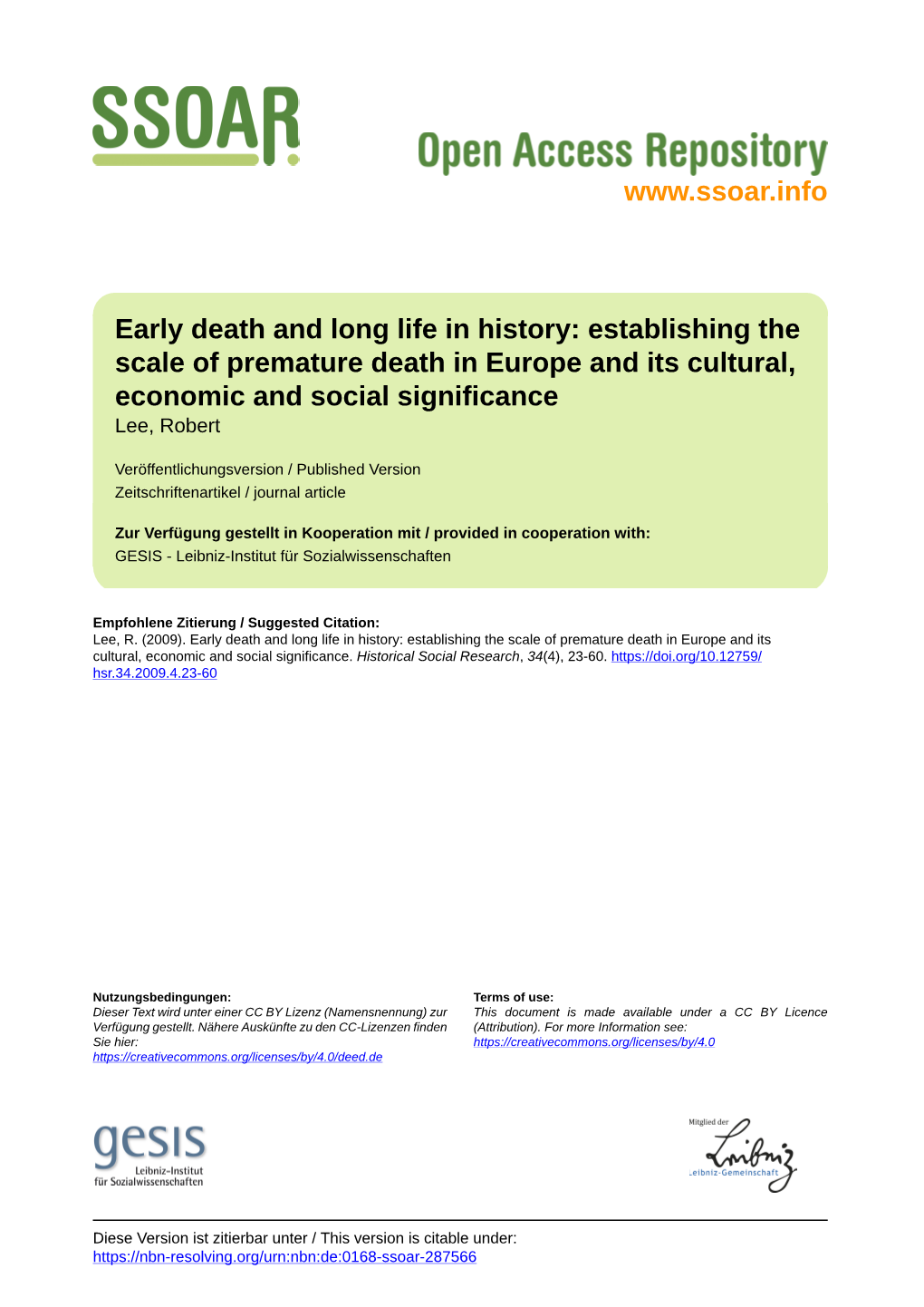 Establishing the Scale of Premature Death in Europe and Its Cultural, Economic and Social Significance Lee, Robert