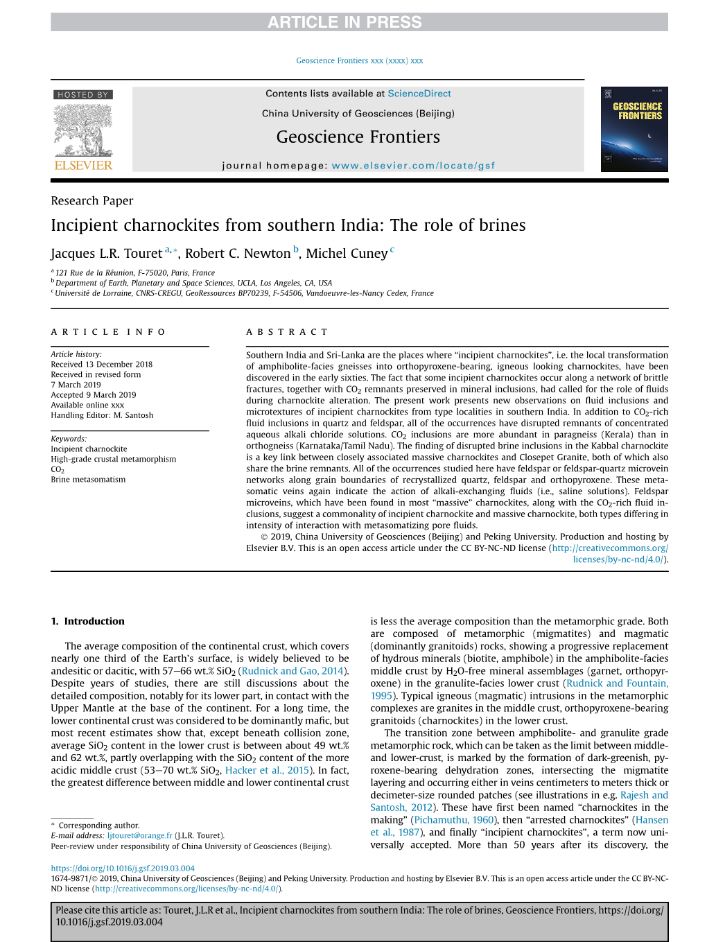 Incipient Charnockites from Southern India: the Role of Brines