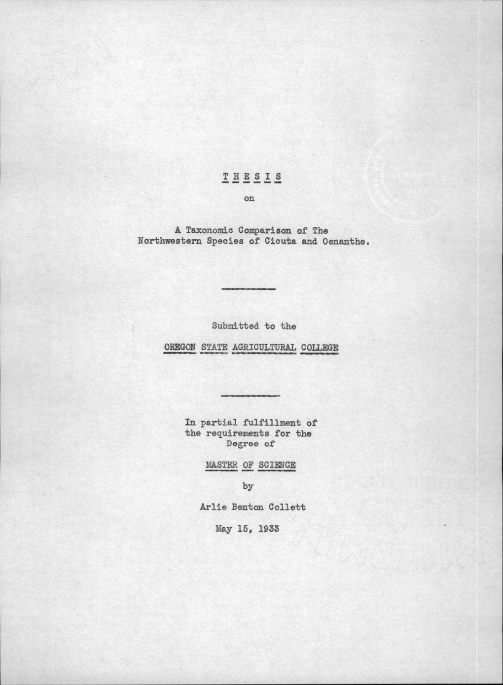 A Taxonomic Comparison of the Northwestern Species of Cicuta and Oenanthe