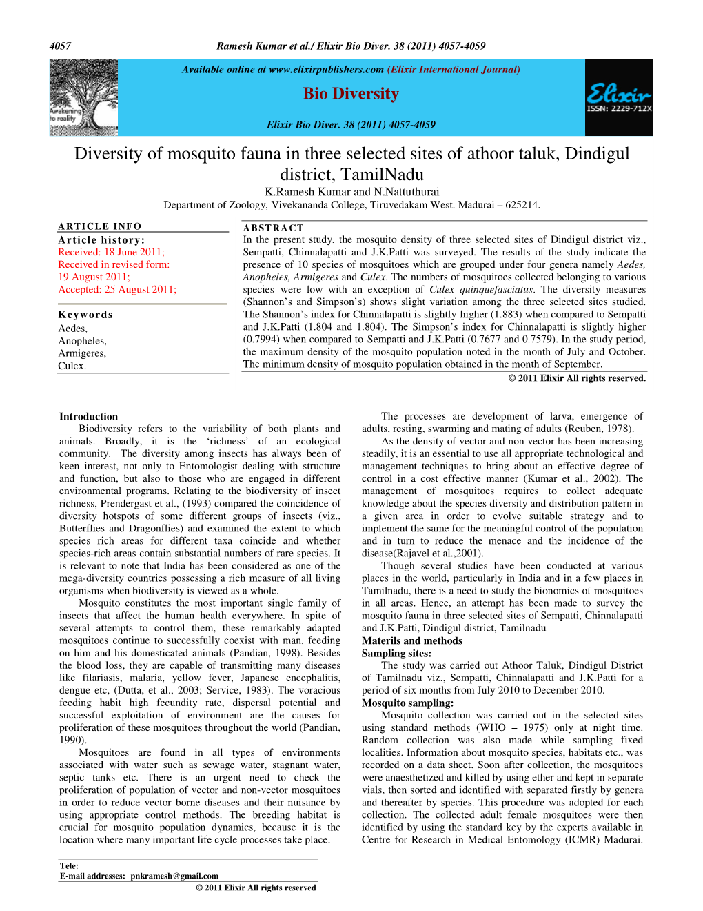 Diversity of Mosquito Fauna in Three Selected Sites of Athoor Taluk