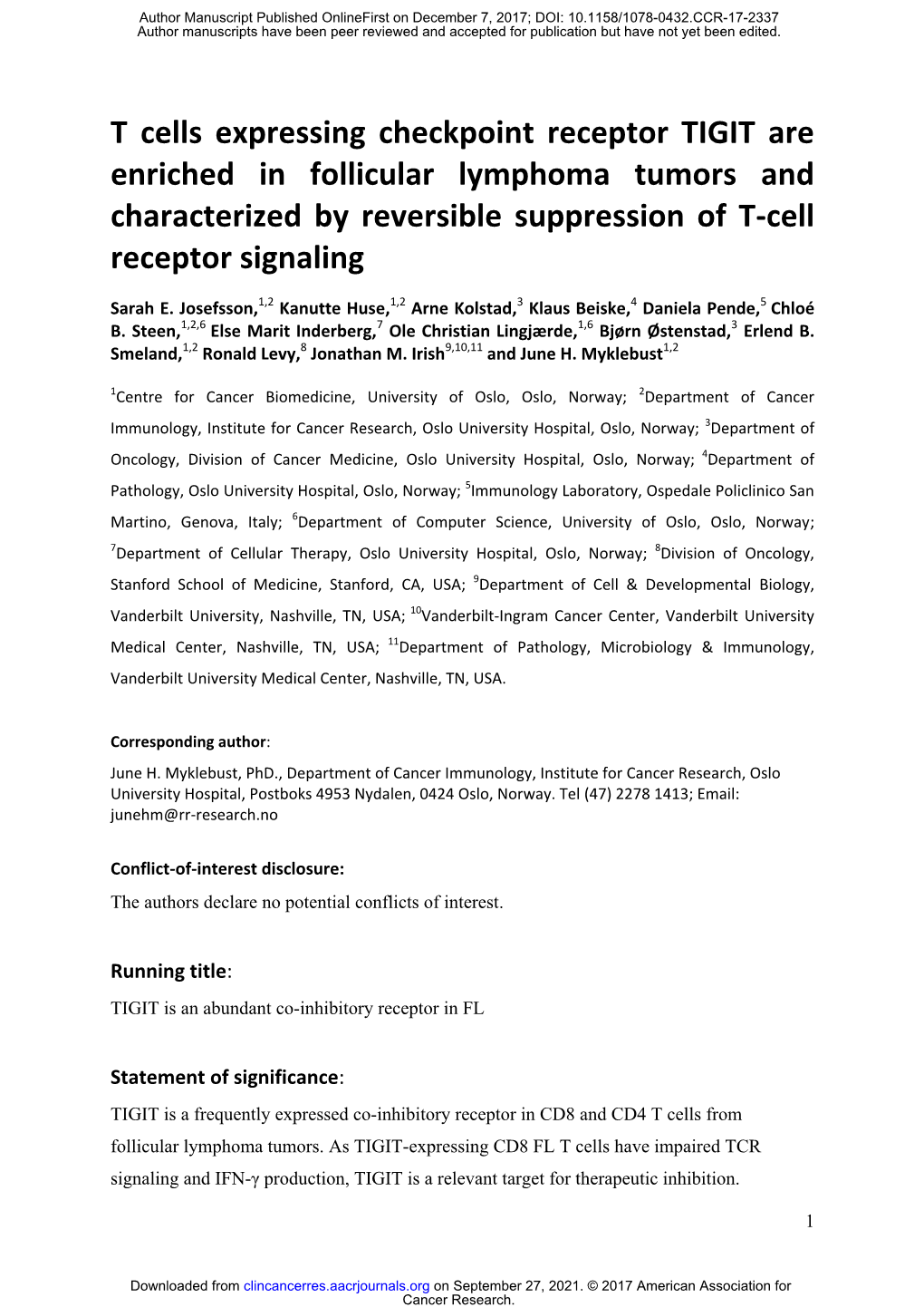 T Cells Expressing Checkpoint Receptor TIGIT Are Enriched in Follicular Lymphoma Tumors and Characterized by Reversible Suppression of T-Cell Receptor Signaling