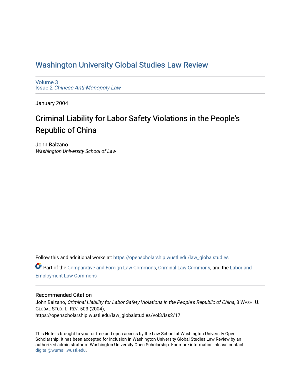 Criminal Liability for Labor Safety Violations in the People's Republic of China