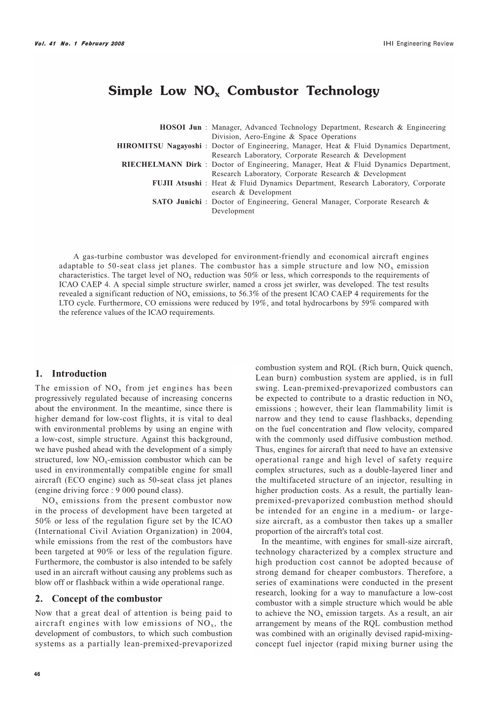 Simple Low Nox Combustor Technology