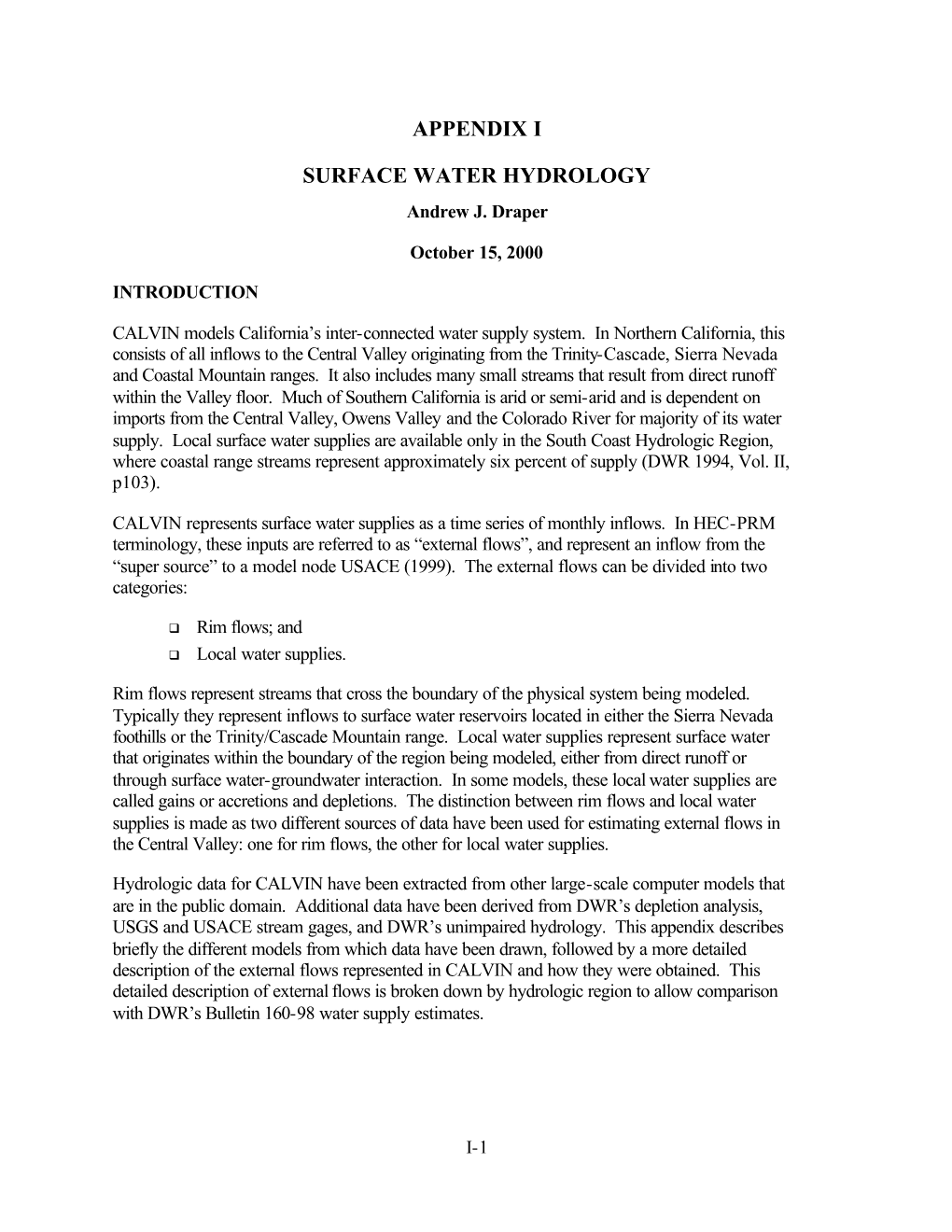 Appendix I Surface Water Hydrology