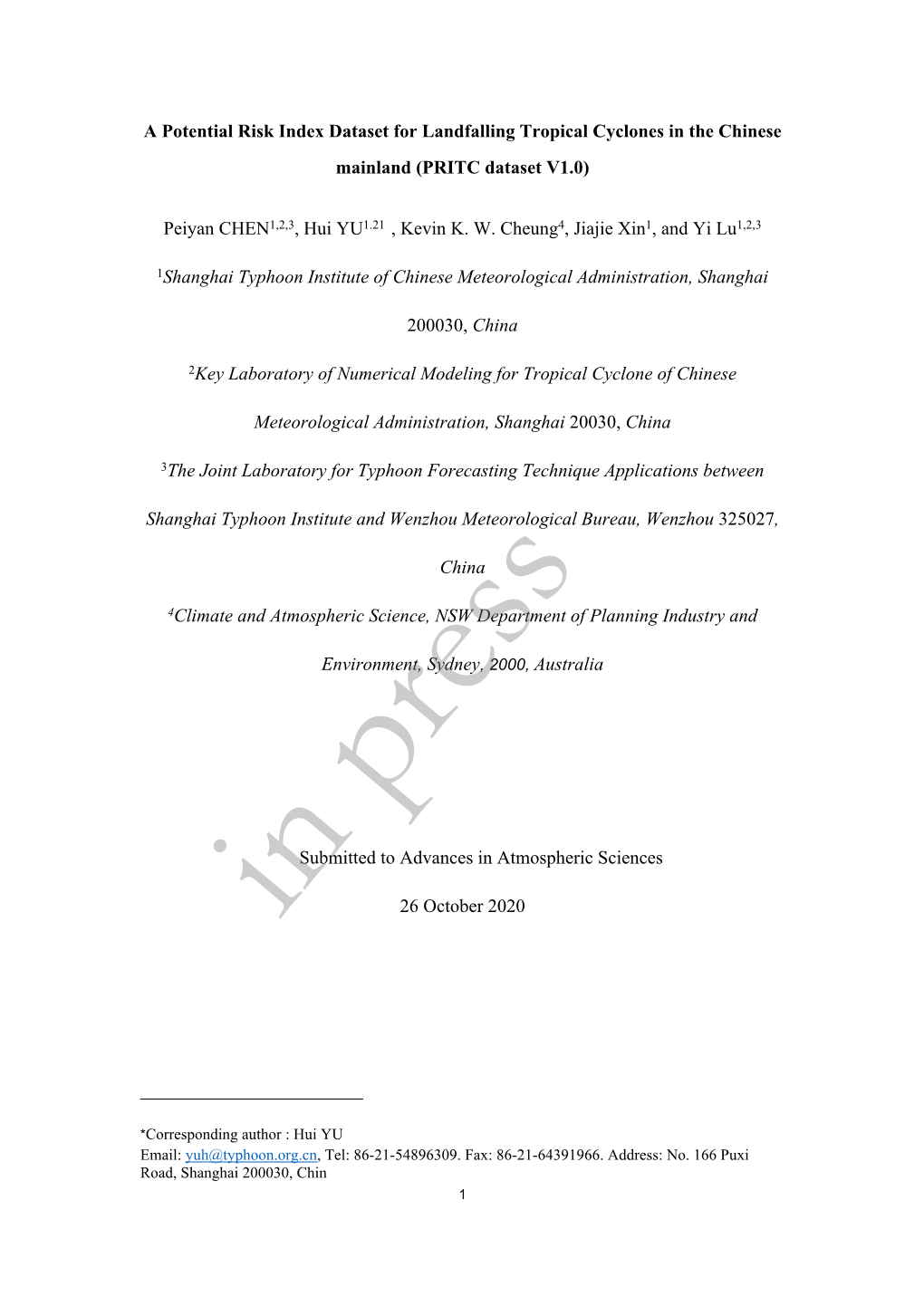 A Potential Risk Index Dataset for Landfalling Tropical Cyclones in the Chinese Mainland (PRITC Dataset V1.0)