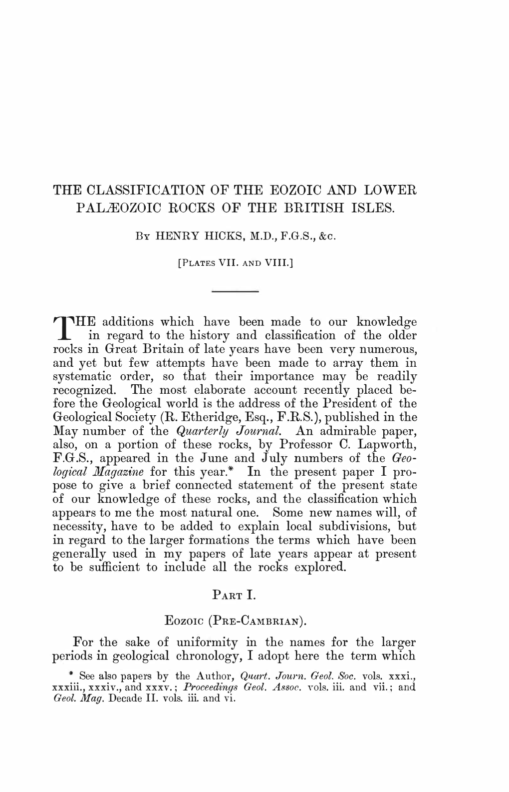 The Classification of the Eozoic and Lower Palæozoic Rocks of the British Isles