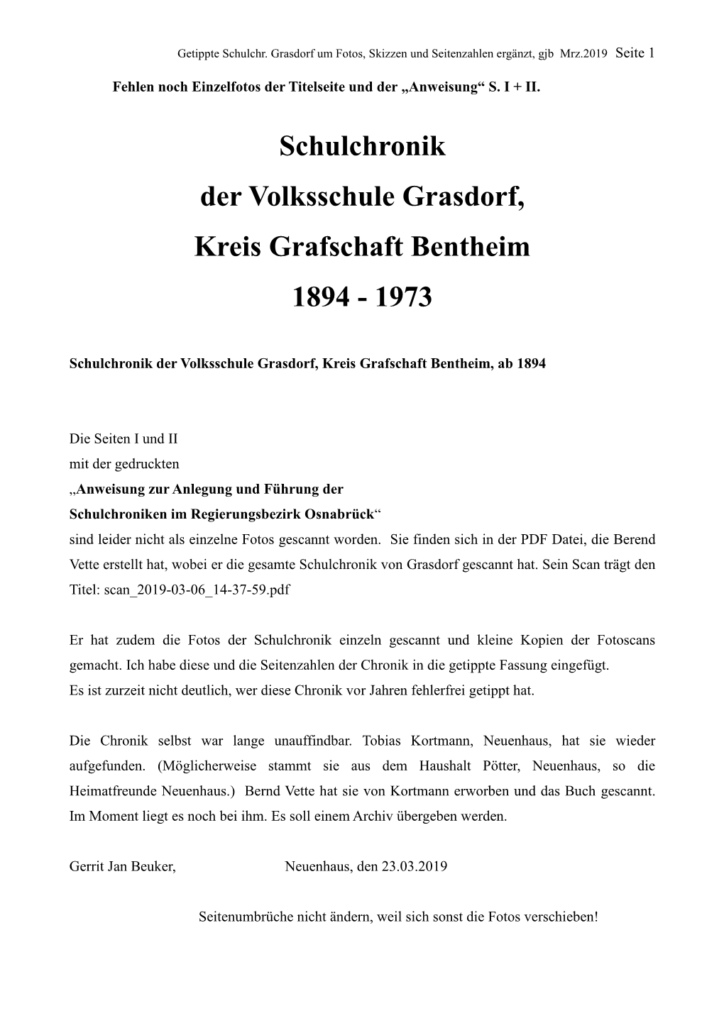 Schulchronik Der Volksschule Grasdorf, Kreis Grafschaft Bentheim 1894 - 1973