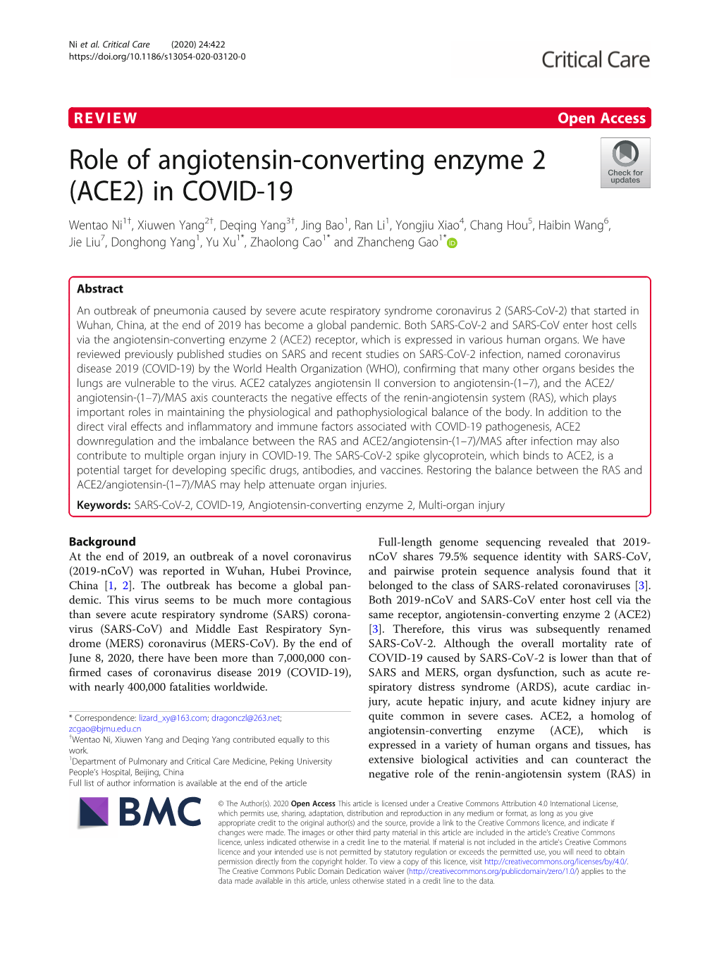 Role of Angiotensin-Converting Enzyme 2 (ACE2)