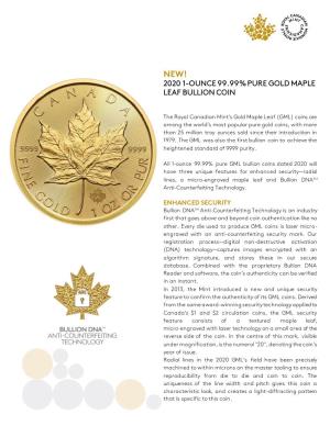 2020 1-Ounce 99.99% Pure Gold Maple Leaf Bullion Coin
