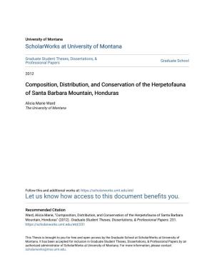 Composition, Distribution, and Conservation of the Herpetofauna of Santa Barbara Mountain, Honduras