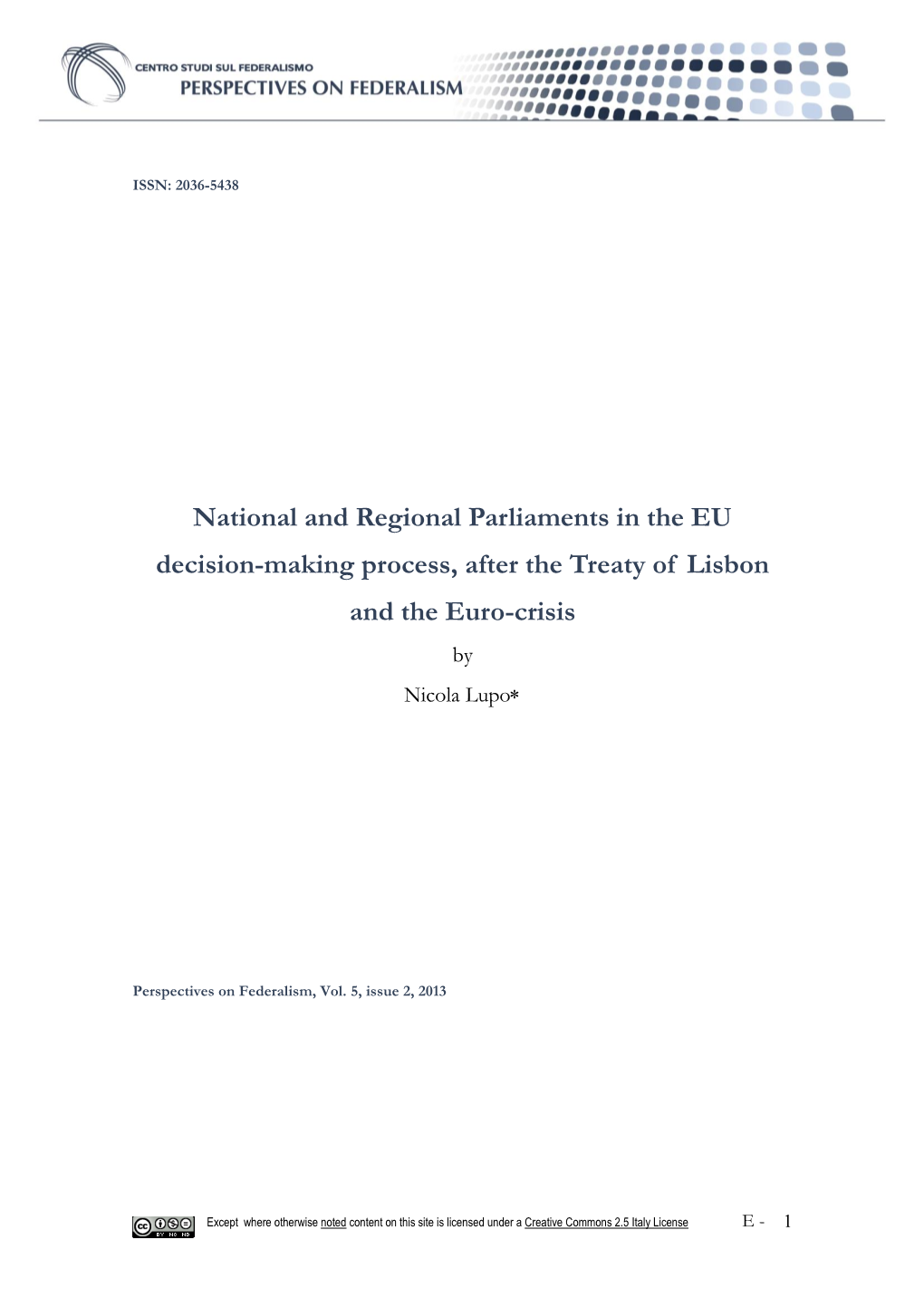 National and Regional Parliaments in the EU Decision-Making Process, After the Treaty of Lisbon and the Euro-Crisis by Nicola Lupo