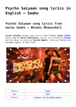 Psycho Saiyaan Song Lyrics in English &#8211; Saaho