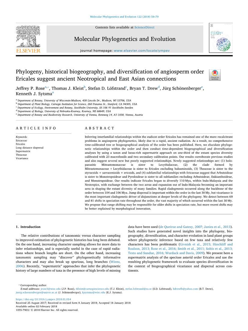 Phylogeny, Historical Biogeography, and Diversification of Angiosperm