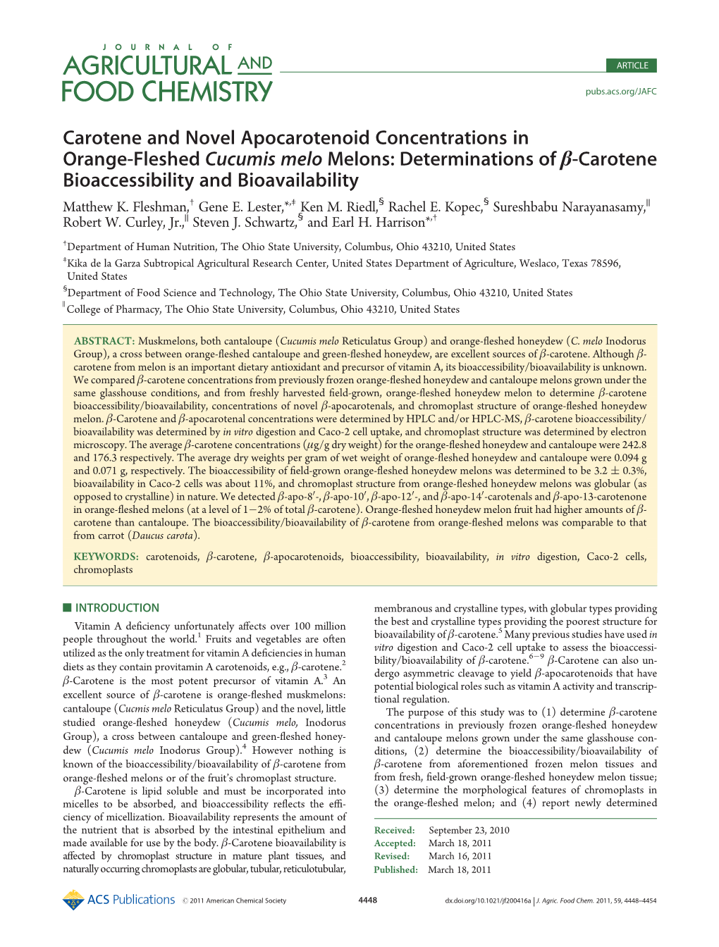 Carotene and Novel Apocarotenoid Concentrations in Orange-Fleshed Cucumis Melo Melons: Determinations of Β-Carotene Bioaccessibility and Bioavailability Matthew K