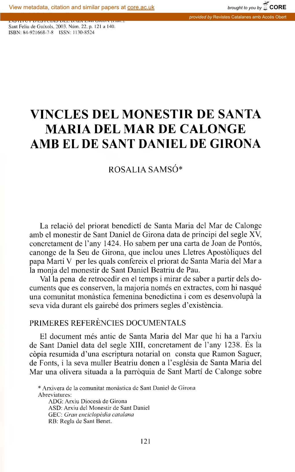 Vincles Del Monestir De Santa Maria Del Mar De Calonge Amb El De Sant Daniel De Girona