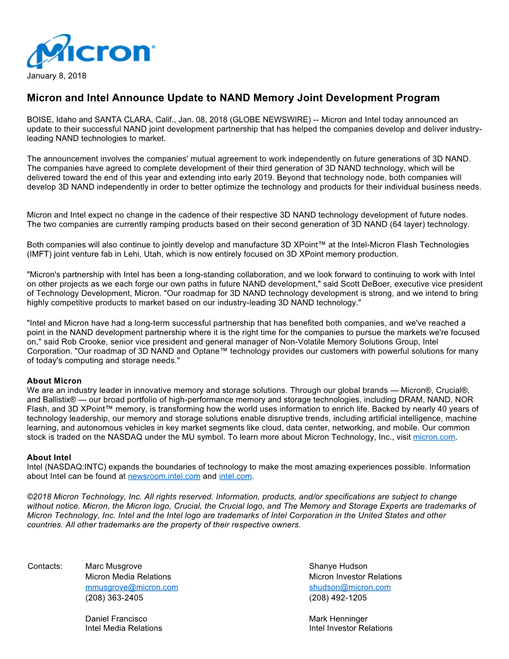 Micron and Intel Announce Update to NAND Memory Joint Development Program
