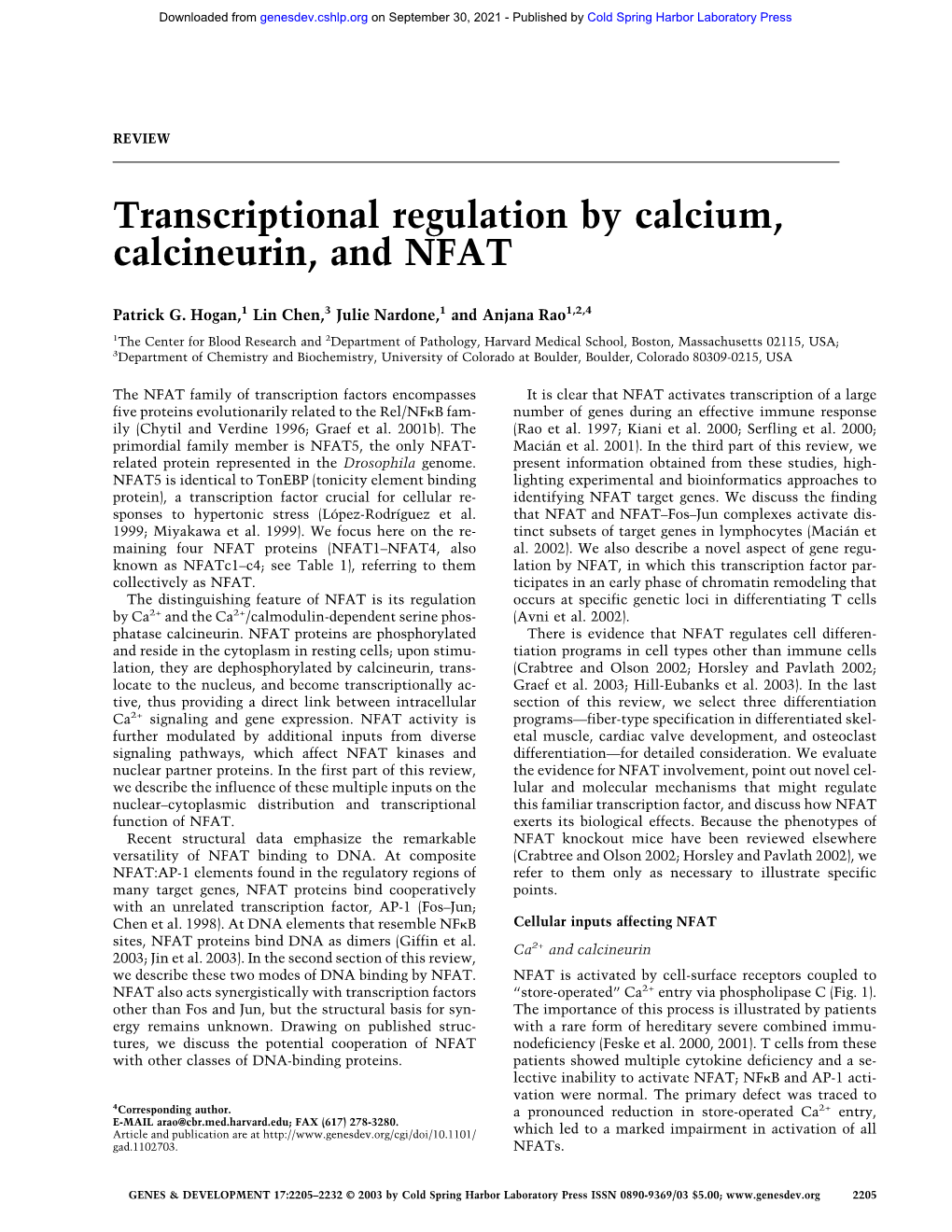 Transcriptional Regulation by Calcium, Calcineurin, and NFAT