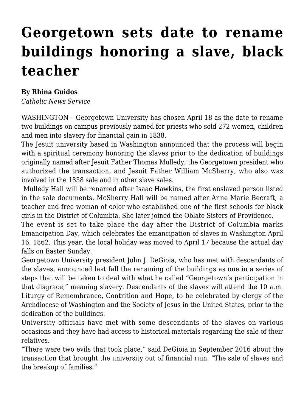 Georgetown Sets Date to Rename Buildings Honoring a Slave, Black Teacher