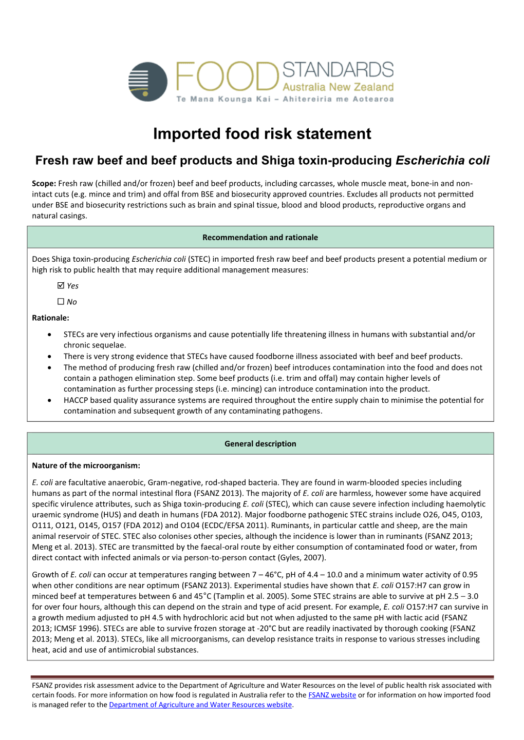 Imported Food Risk Statement