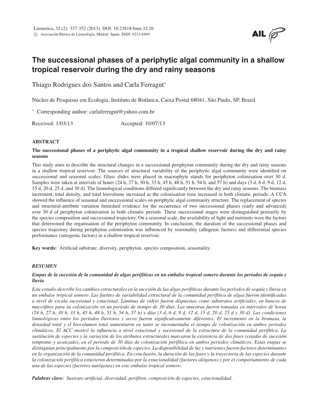 The Successional Phases of a Periphytic Algal Community in a Shallow Tropical Reservoir During the Dry and Rainy Seasons