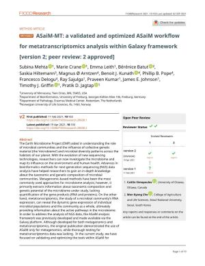 A Validated and Optimized Asaim Workflow for Metatranscriptomics Analysis Within Galaxy Framework [Version 2; Peer Review: 2 Approved]