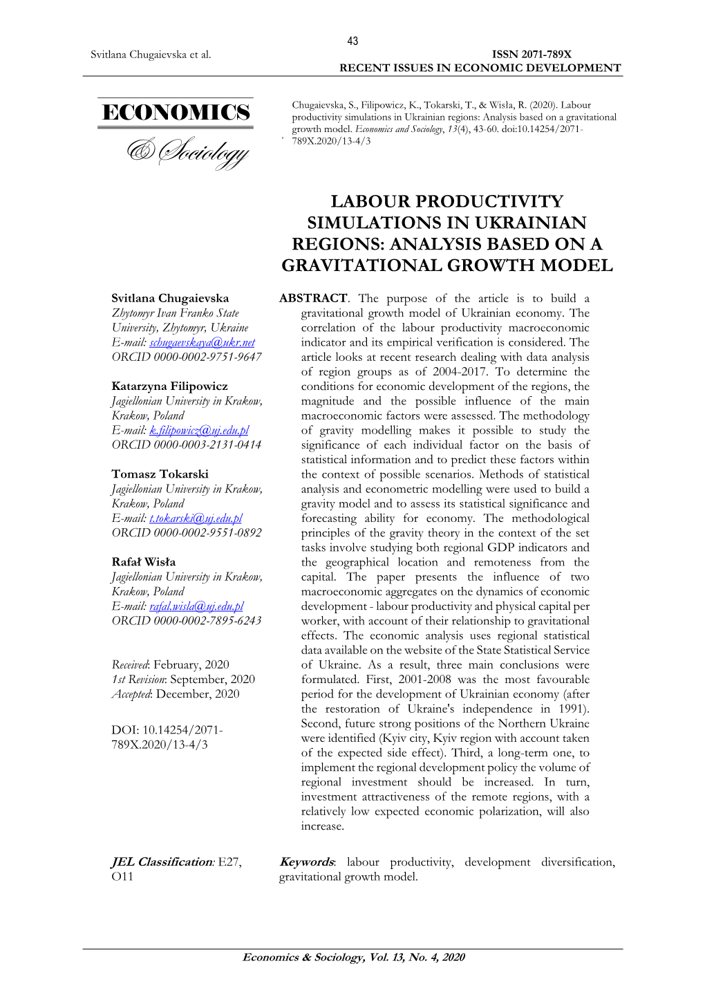 Labour Productivity Simulations in Ukrainian Regions: Analysis Based on a Gravitational Growth Model