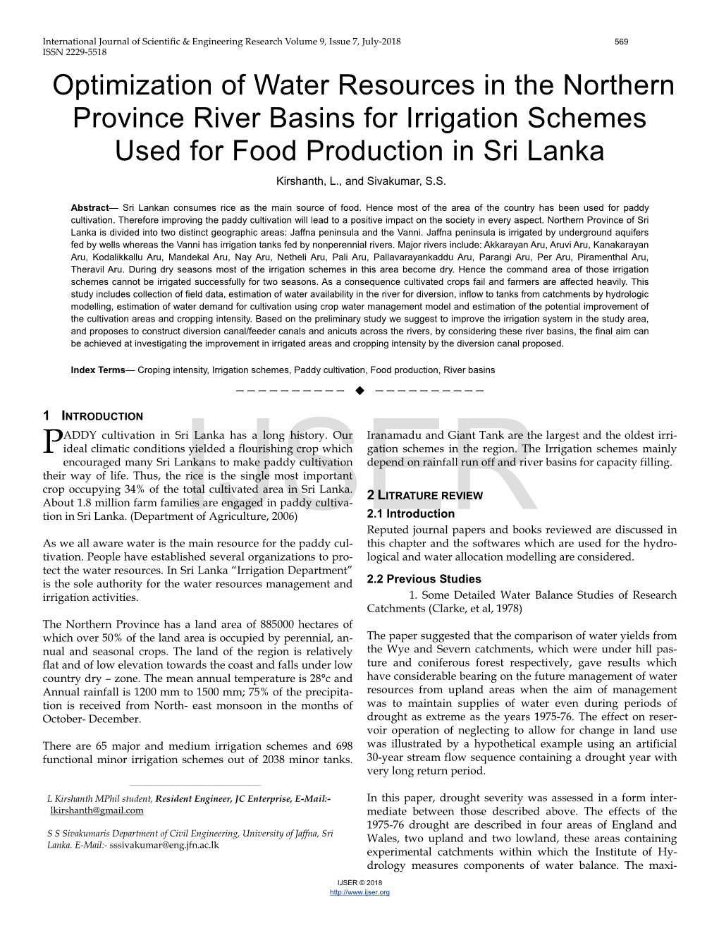 Optimization of Water Resources in the Northern Province River Basins for Irrigation Schemes Used for Food Production in Sri Lanka Kirshanth, L., and Sivakumar, S.S