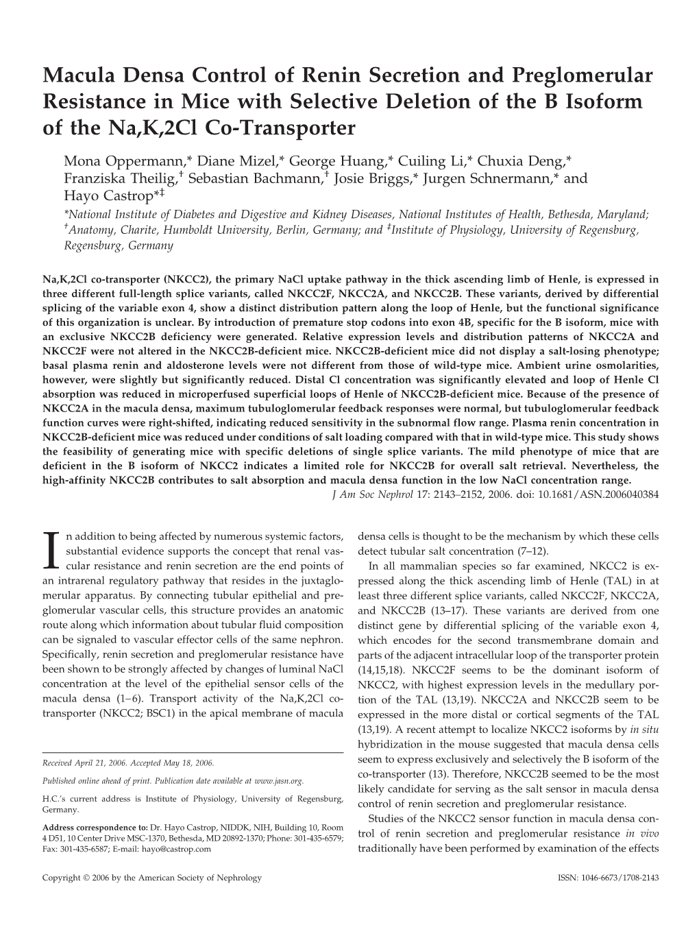 Macula Densa Control of Renin Secretion and Preglomerular Resistance in Mice with Selective Deletion of the B Isoform of the Na,K,2Cl Co-Transporter