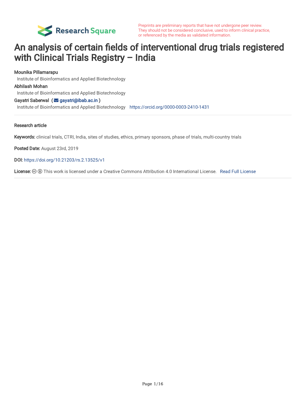 An Analysis of Certain Elds of Interventional Drug Trials Registered with Clinical Trials Registry – India