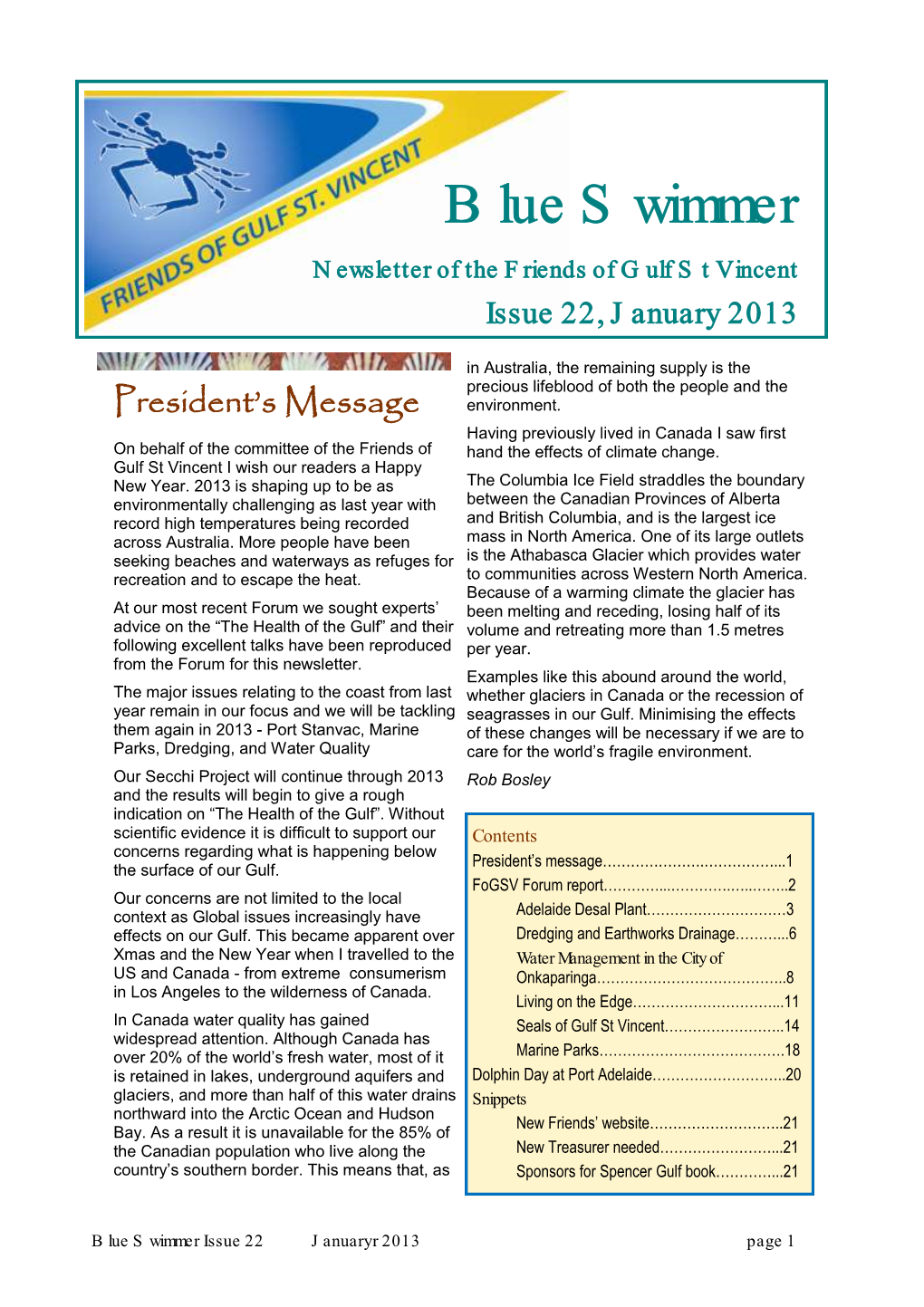 Blue Swimmer Newsletter of the Friends of Gulf St Vincent Issue 22, January 2013