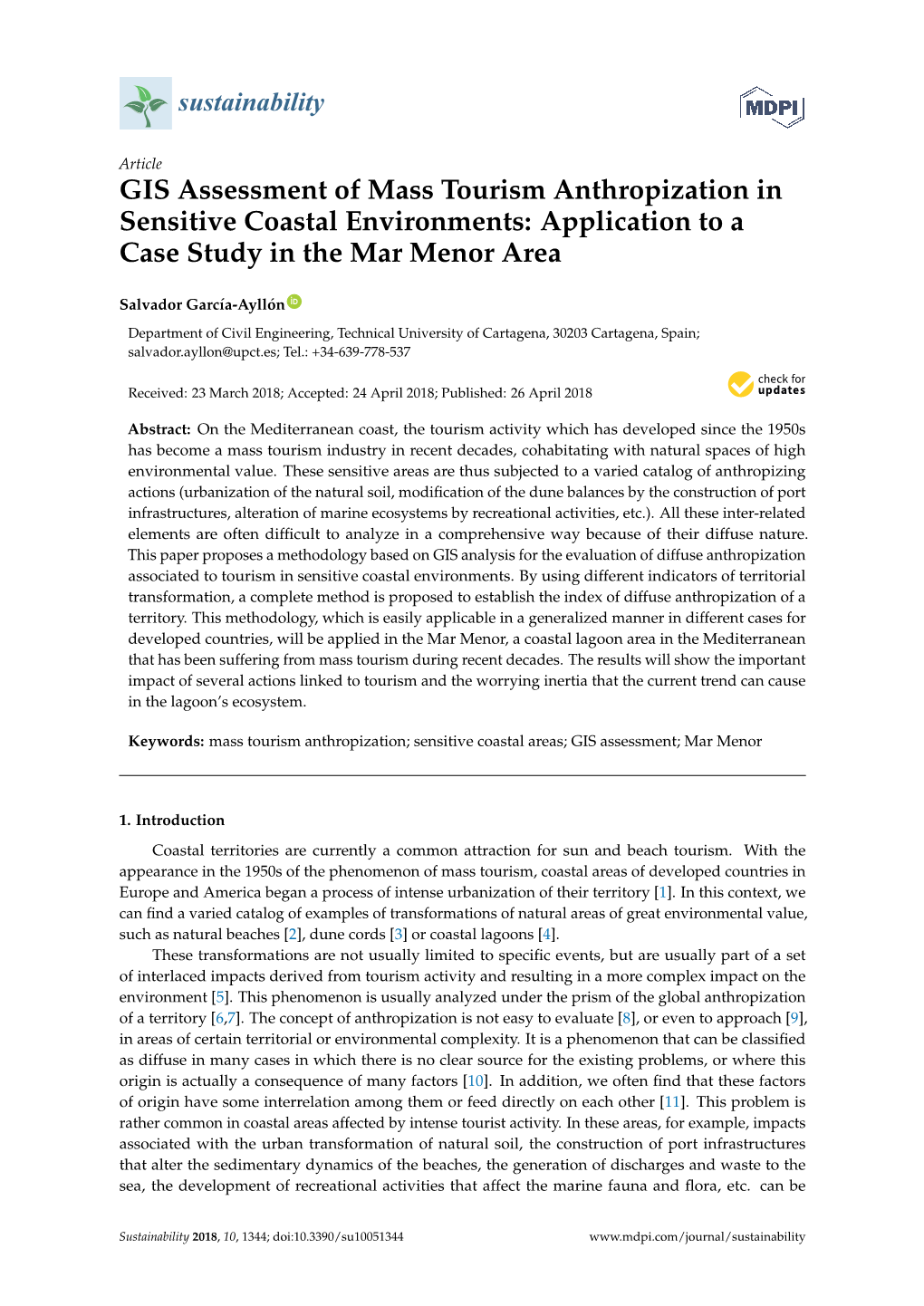 GIS Assessment of Mass Tourism Anthropization in Sensitive Coastal Environments: Application to a Case Study in the Mar Menor Area