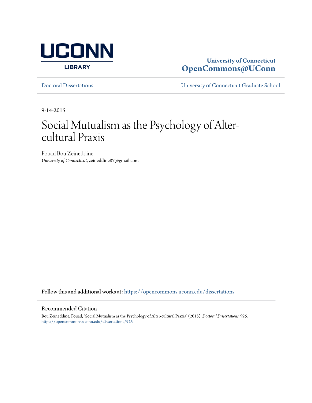 Social Mutualism As the Psychology of Alter-Cultural Praxis" (2015)