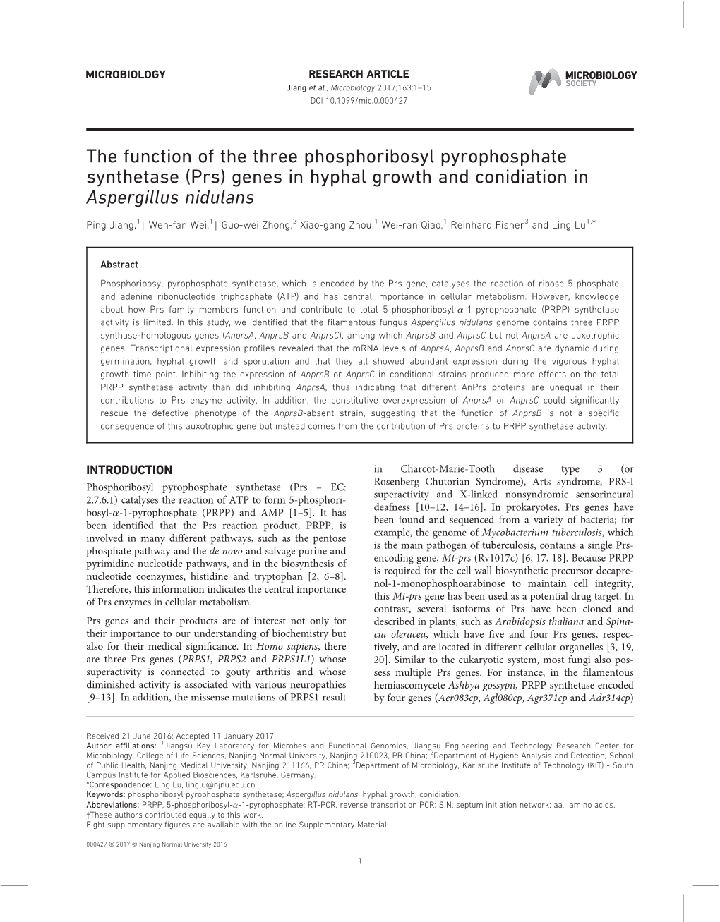 The Function of the Three Phosphoribosyl Pyrophosphate Synthetase (Prs) Genes in Hyphal Growth and Conidiation in Aspergillus Nidulans