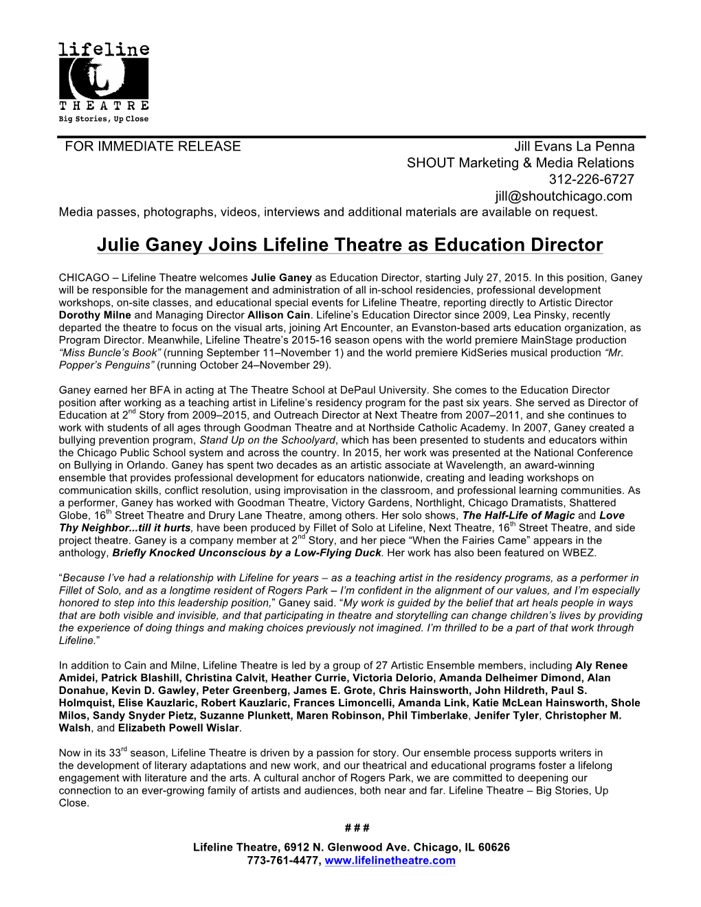 Julie Ganey Joins Lifeline Theatre As Education Director